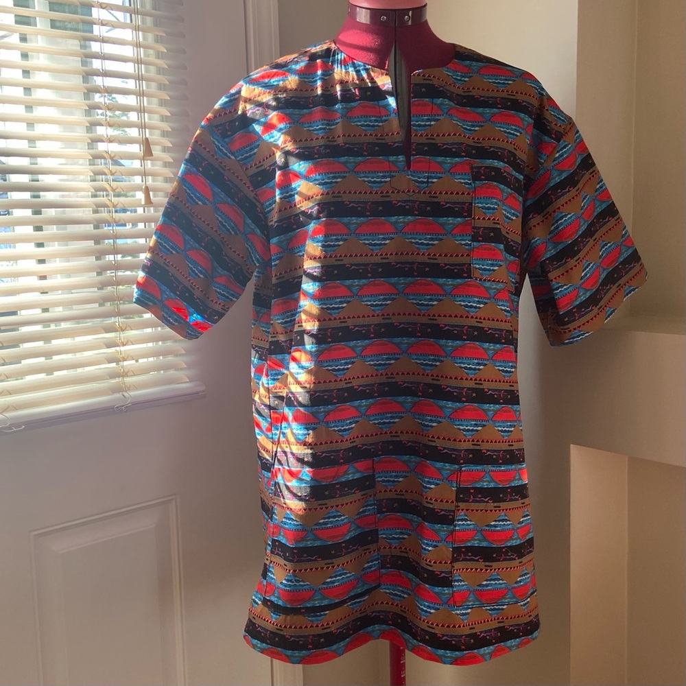 Handmade women multicoloured top with breast and lower patch pockets. Size S-m.